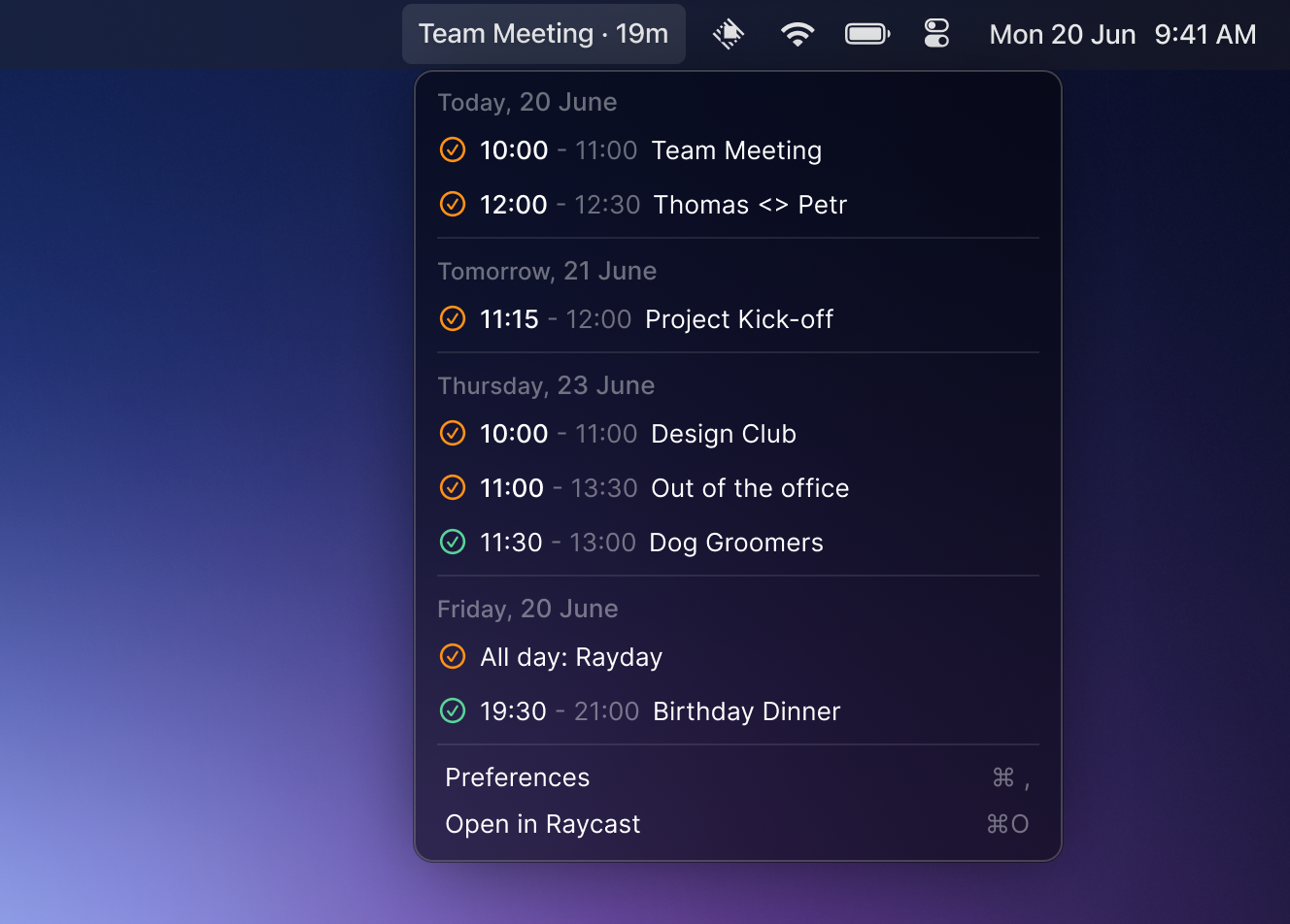 My Schedule menu bar app, built on a Rayday